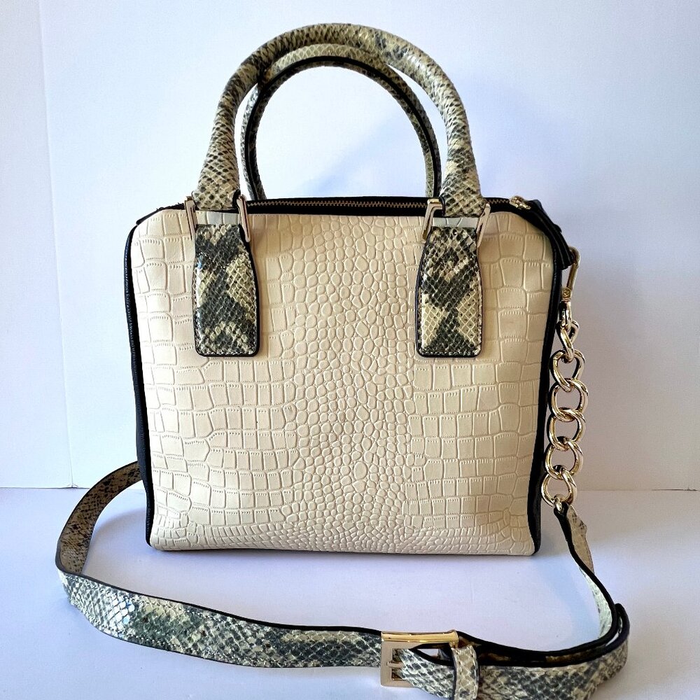 New Marc Fisher Shoulder Bag, Leather, "Kyra" Cream and Black, Snakeskin Print - Picture 13 of 14
